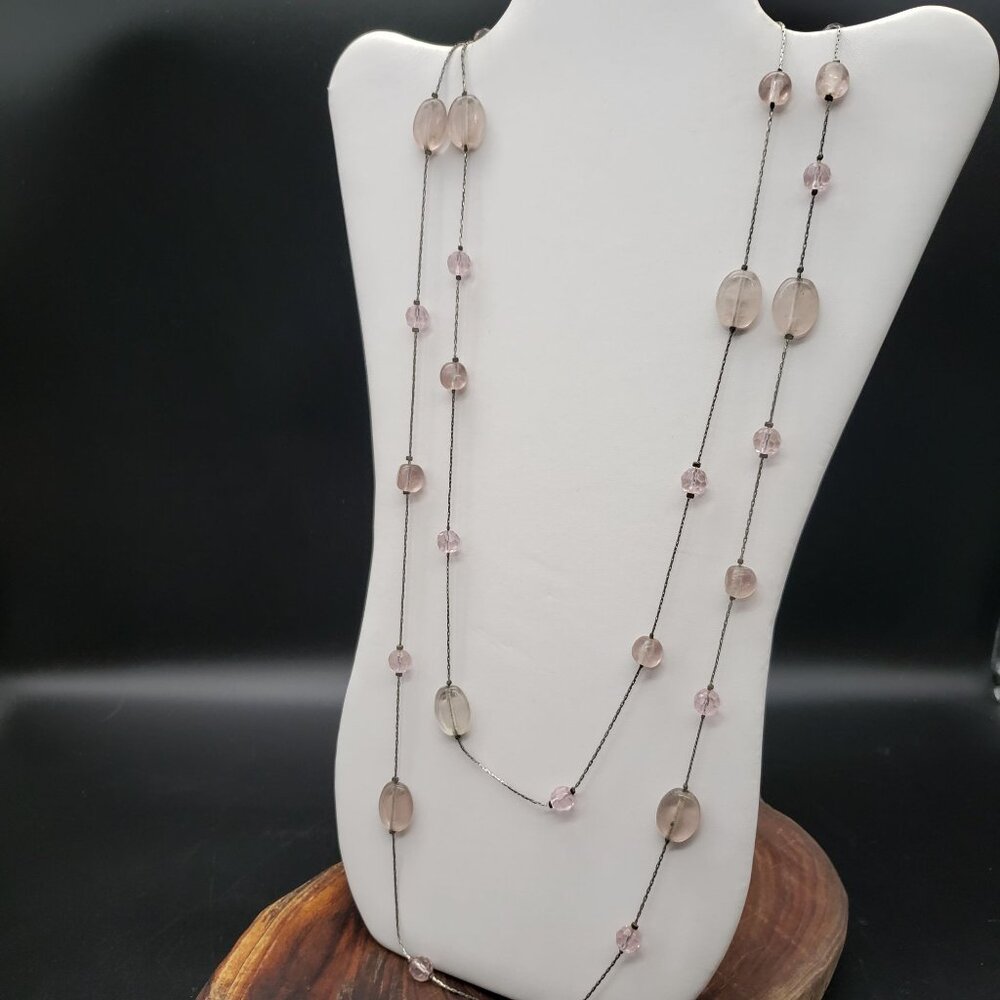 60" Silver-Tone Station Necklace Pink Glass Beads Smooth & Faceted Layering
